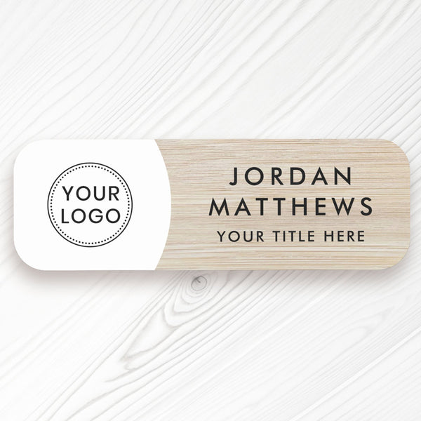 Light wood custom logo, name and title white name tag